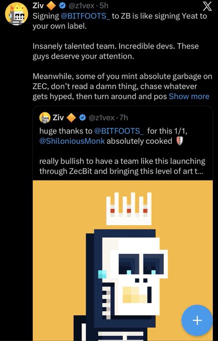 A screenshot of a tweet from Ziv (@z1vex) praising the BITFOOTS project and announcing their launch, featuring pixel art of a crowned character in the embedded quote tweet.