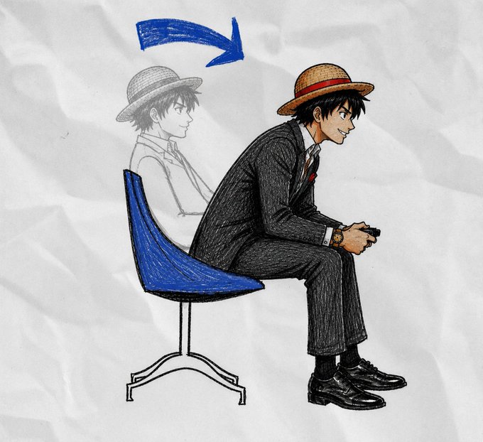 A hand-drawn illustration on crumpled paper shows a man in a black suit and straw boater hat sitting on a blue chair, with a faded pencil sketch of himself behind him and a blue arrow pointing forward.