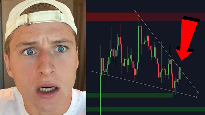 A shocked man in a white cap appears alongside a Bitcoin candlestick chart showing a descending triangle pattern with a red downward arrow, visually conveying the post's urgent warning that "Bitcoin is running out of time."