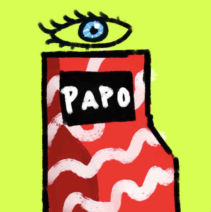 A stylized illustration features a blue eye with lashes floating above a red, wavy-textured rectangular form labeled "PAPO" in white text on a black panel, set against a neon yellow-green background. The image's cryptic, meme-like aesthetic ties to the post's theme of transitioning from an "ape era" to a "rise of the Machines," with the disembodied eye symbolizing the all-seeing, machine-driven surveillance of the new digital frontier.