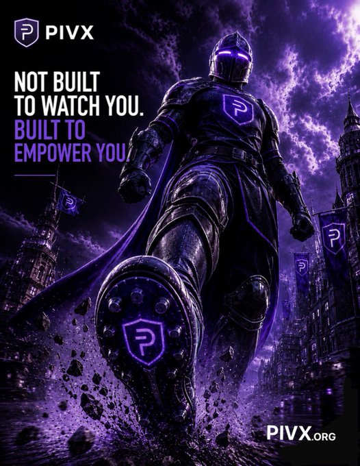 A powerful armored figure in purple-themed PIVX-branded armor strides through a dramatic, dark cityscape beneath swirling clouds, with the tagline "NOT BUILT TO WATCH YOU. BUILT TO EMPOWER YOU." displayed prominently alongside the PIVX logo and website "PIVX.ORG." The heroic imagery reinforces the post's message of $PIVX as a privacy-focused, community-empowering cryptocurrency offering staking rewards, a self-funded DAO, and an upcoming V6.0 upgrade.