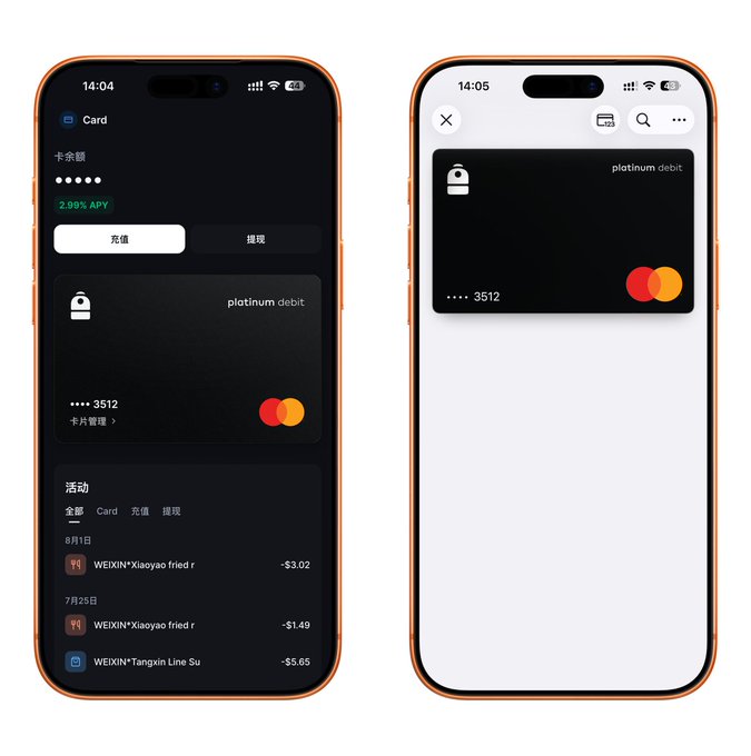 Two iPhone screens display the Backpack Card app interface, showing a "platinum debit" Mastercard ending in 3512 with a 2.99% APY rate, alongside a transaction history featuring charges like "-$3.02" and "-$1.49" from WEIXIN*Xiaoyao fried r. The dark-themed card interface on the left and the enlarged card view on the right illustrate the crypto-native Mastercard debit card mentioned in the post, which remains in limited invite-only testing.