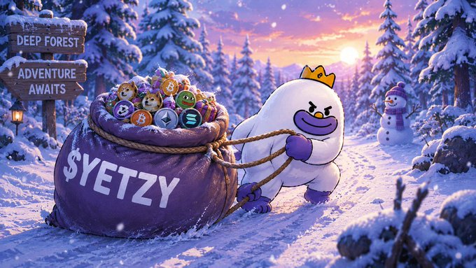 The image features a cartoon character with white hair wearing a crown, holding a bag filled with coins. The background of the image shows a snowy forest scene with trees covered in snow. There are also two signs present in the image - one reading "Deep Forest Adventure Awaits" and another saying "Not just accumulating, but also collecting $YETZY #solana #crypto #memecoin".