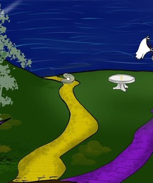 The image features a yellow brick road winding through a lush green landscape, with a bird flying above the scene. On the right side of the road, there's a white pedestal with a gold top that appears to be a statue or monument. The background is filled with water and trees, creating a serene atmosphere. In the bottom left corner of the image, there are some text elements related to the post about coins on the Stellar Network.