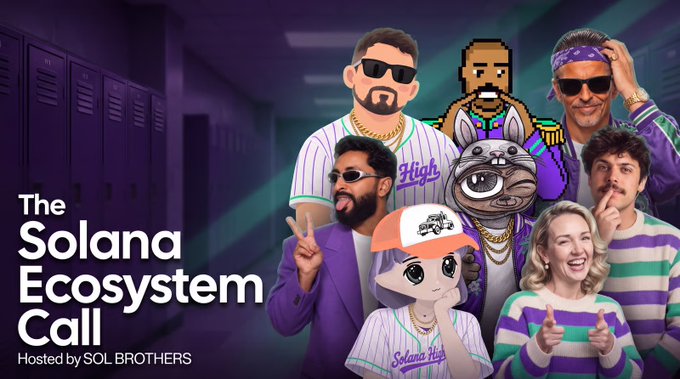 A promotional graphic for 'The Solana Ecosystem Call' hosted by SOL BROTHERS featuring cartoon and photo avatars of multiple people alongside a husky dog character in baseball jerseys.