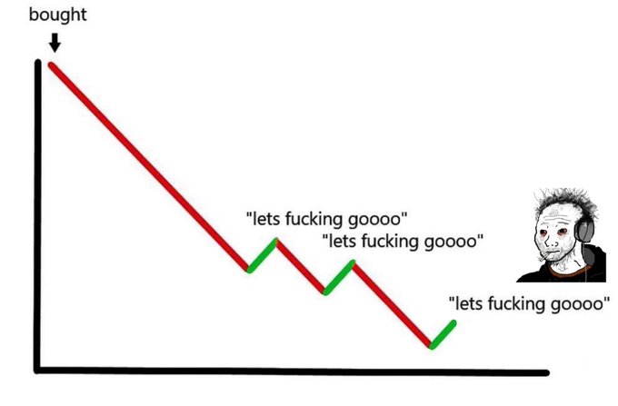 A "buy the dip" Wojak meme chart showing a red downward trend with three brief green recoveries, each labeled "lets fucking goooo," illustrating the holder's enthusiasm to buy every Bitcoin/MicroStrategy drop after the initial purchase.