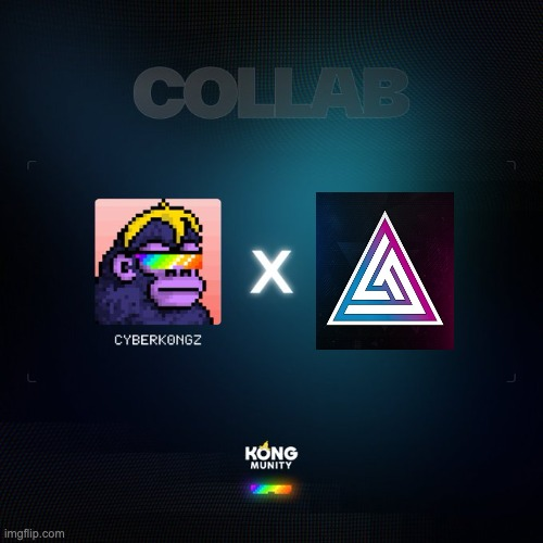 A promotional graphic for a 'COLLAB' between 'CYBERKONGZ' (depicted as a pixel art ape) and another entity represented by a purple and blue triangular logo, on a dark blue background.