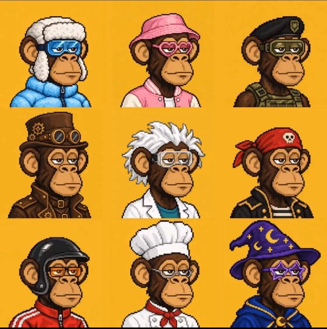 A 3x3 grid of pixel-art cartoon ape portraits on a yellow background, each dressed in different themed attire—including a winter hat, pink bucket hat with heart sunglasses, military beret, steampunk top hat with goggles, Einstein-style white hair with lab coat, pirate bandana, motorcycle helmet, chef's hat, and wizard hat—relates to the ZecApes NFT giveaway by showcasing the variety of unique, stylized ape collectibles being offered for free minting on the $ZEC chain.
