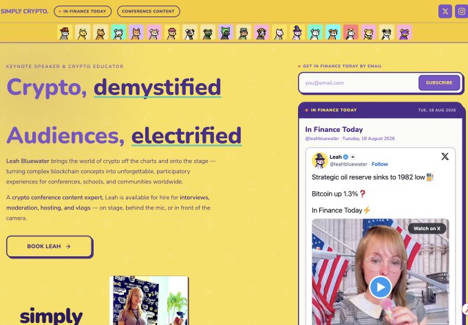 A website homepage for 'SIMPLY CRYPTO' features text 'Crypto, demystified' and 'Audiences, electrified', promoting keynote speaker and crypto educator Leah Bluewater, along with a video thumbnail and an embedded tweet about Bitcoin.