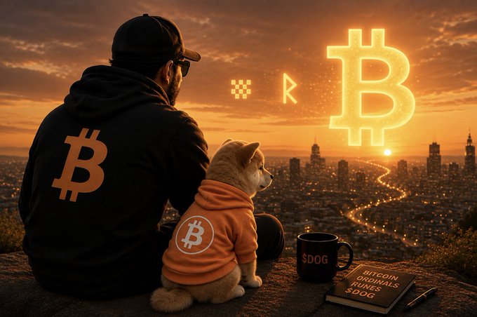 A digital illustration of a person in a Bitcoin hoodie and a dog wearing a Bitcoin sweatshirt sitting on a cliff overlooking a city at sunset, with a glowing Bitcoin symbol in the sky, a '$DOG' mug, and a book titled 'Bitcoin Originals Ruins $DOG'.