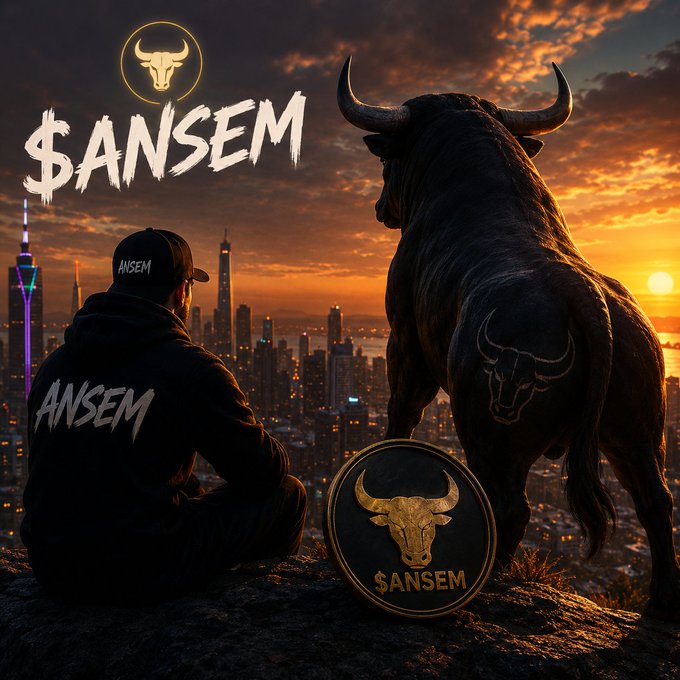 A stylized promotional image showing a figure in '$ANSEM' branded clothing overlooking a city skyline at sunset alongside a large bull statue, with a '$ANSEM' gold coin emblem.