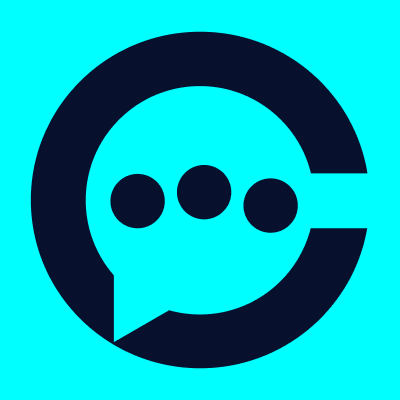 A teal and dark navy logo featuring a broken circle forming a 'C' shape around three dots, with a speech bubble tail at the bottom.