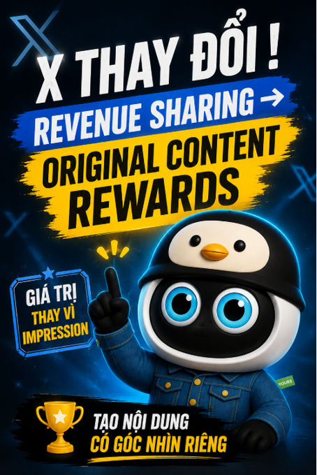 Promotional graphic in Vietnamese and English reading 'X THAY ĐỔI! REVENUE SHARING, ORIGINAL CONTENT REWARDS' featuring a penguin mascot.