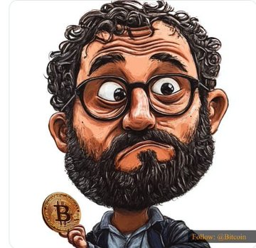 A cartoon caricature of a bearded man wearing glasses, holding a gold Bitcoin coin, with the text 'Follow: Bitcoin' visible in the bottom right corner.