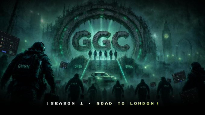 Promotional artwork for the GMGN Global Championship (Season 1 - Road to London), featuring shadowy figures, a glowing green portal displaying "GGC," and a car aimed at a London skyline with Big Ben, tied to the post announcing the October 16 launch where top traders compete for a custom Aston Martin at Solana Breakpoint.