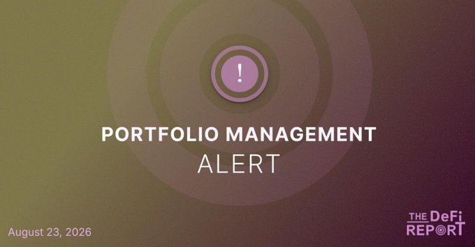 An image featuring a pink alert icon with concentric circles radiating outward against a gradient olive-to-burgundy background, displaying the text "PORTFOLIO MANAGEMENT ALERT" dated August 23, 2026, branded with "THE DeFi REPORT" logo. The alert visual reinforces the urgency of the post's message, promoting TDR Pro membership by highlighting a 280% gain in a recent portfolio recommendation within less than a week.