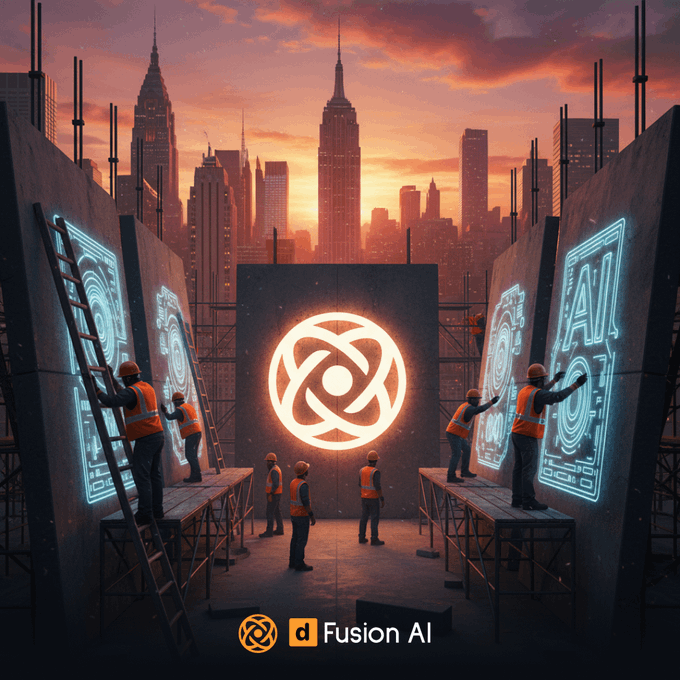 A digital artwork labeled 'Fusion AI' depicts construction workers in hard hats assembling large glowing screens displaying AI symbols against a dramatic sunset cityscape.