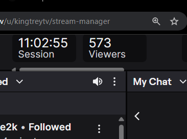 A Twitch stream dashboard displays a session timer at 11:02:55 with 573 viewers, showing the channel URL "kingtreytv/stream-manager." The image reflects the post's theme of trading losses, as the streamer discusses being down 80 SOL, failing to take profits on a 20k gain, and planning to "press sell more" during their live session.