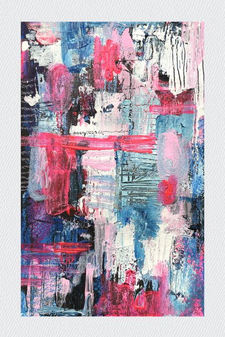 An abstract expressionist painting featuring textured brushstrokes in vibrant pink, red, blue, white, and black tones on a canvas print displayed against a white background.
