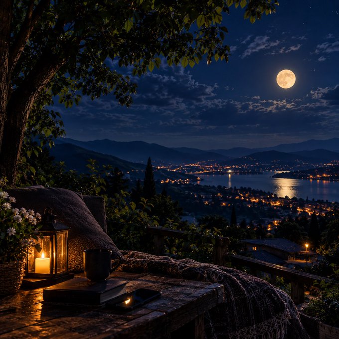 A nighttime scenic view from a balcony overlooking a lit town and bay, with a full moon in the sky and a candle lantern glowing in the foreground.
