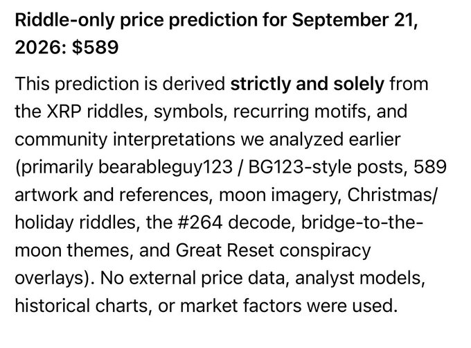 Text outlining a 'Riddle-only price prediction for September 21, 2026: $589' derived from XRP riddles, bearableguy123 (BG123) references, moon imagery, and Great Reset conspiracy overlays.