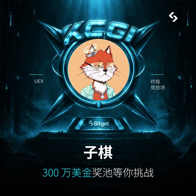 A Bitget KCGI (King of Crypto Global Invitational) promotional graphic featuring a cartoon fox character with a $3 million USD prize pool ('300万美金奖池等你挑战').
