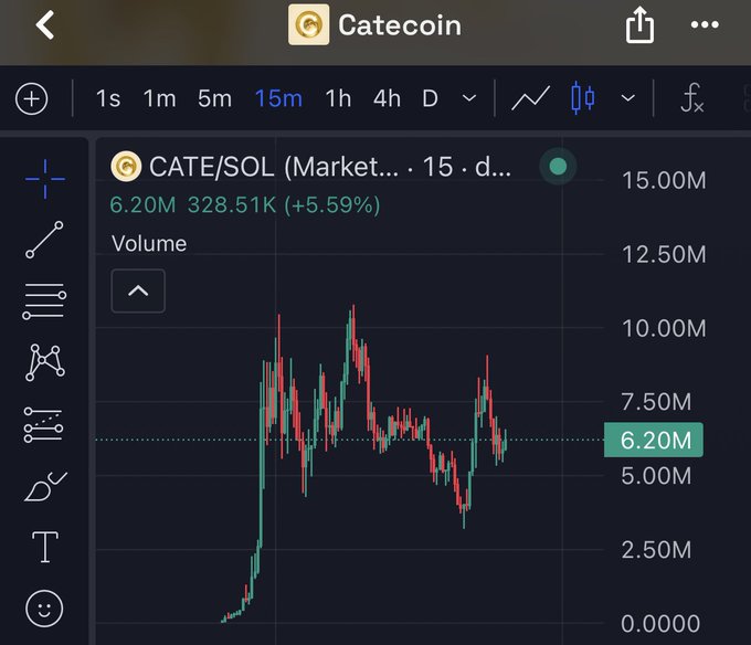 A candlestick chart from TradingView displays the CATE/SOL market on a 15-minute timeframe, with a current value of 6.20M and a +5.59% gain (328.51K), humorously illustrating the post's lament of "missing another 150x" after spotting CATE at an 80k market cap.