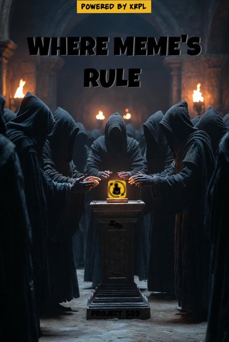 A dark, ominous digital artwork titled 'WHERE MEME'S RULE' showing hooded figures gathered around a glowing Bitcoin emblem on a pedestal labeled 'PROJECT 589', with a 'POWERED BY XRPL' banner at the top.