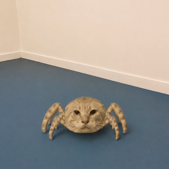 A humorous image of a cat's body shaped like a spider on a blue floor in an empty room.