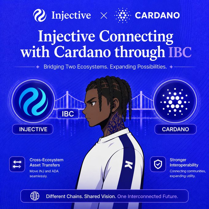 A promotional graphic announcing 'Injective Connecting with Cardano through IBC' with the tagline 'Bridging Two Ecosystems. Expanding Possibilities,' highlighting cross-ecosystem asset transfers and stronger interoperability.