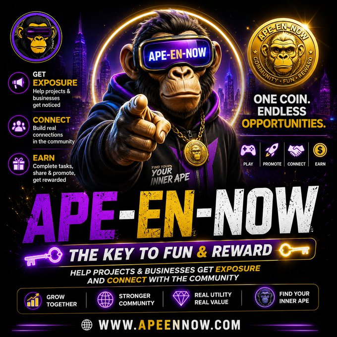 A vibrant purple and gold promotional poster for the 'APE-EN-NOW' coin at www.apeennow.com, featuring a cartoon ape in sunglasses with text like 'ONE COIN. ENDLESS OPPORTUNITIES.' and 'GET EXPOSURE'.