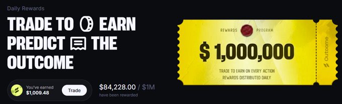 A promotional banner for a "Trade to Earn" rewards program offering $1,000,000 in rewards, showing an earned amount of $1,009.48 and $84,228.00 distributed.