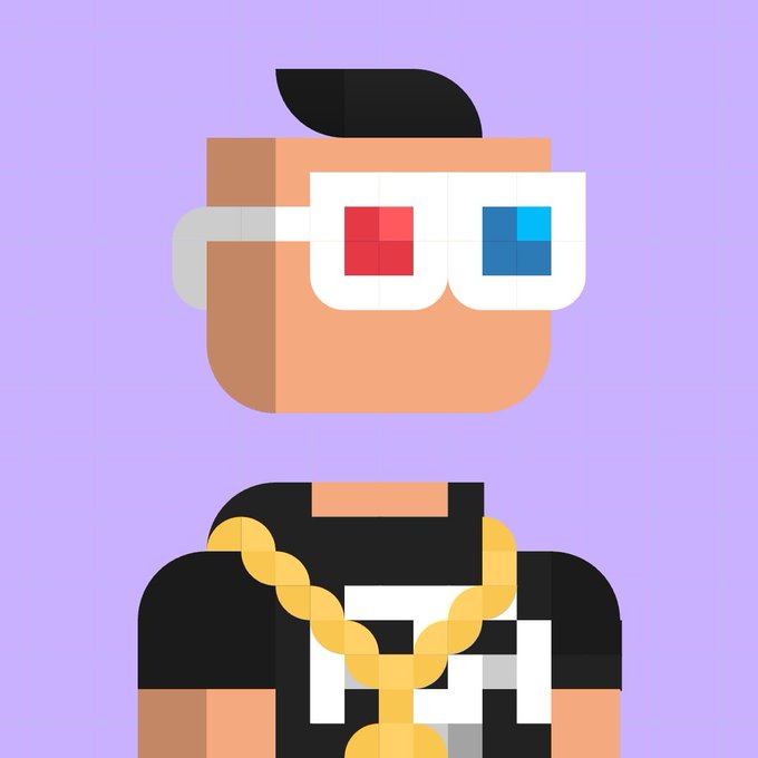 A stylized cartoon illustration of a man with 3D glasses, black hair, a beard, and a gold chain, set against a solid light purple background.
