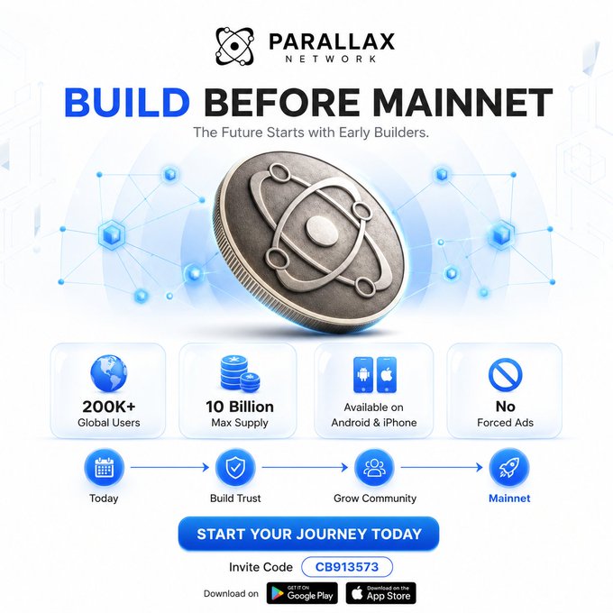A promotional image for 'PARALLAX NETWORK' titled 'BUILD BEFORE MAINNET - The Future Starts with Early Builders,' featuring a 3D coin, stats (200K+ Global Users, 10 Billion Max Supply), and an invite code 'CB913573'.