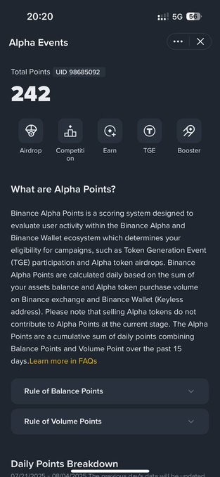 A mobile app screenshot of the "Alpha Events" page on Binance showing 242 total points, with options for Airdrop, Competition, Earn, TGE, and Booster, along with an explanation of Binance Alpha Points.