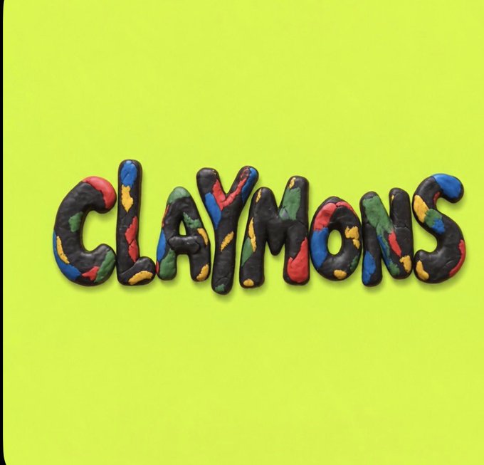 The word 'CLAYMONS' appears as colorful, clay-like 3D letters against a bright green background.