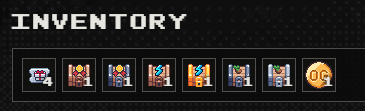 A Minecraft-style inventory bar displays the title 'INVENTORY' above a row of item slots containing various pixelated objects and a coin labeled '6G'.