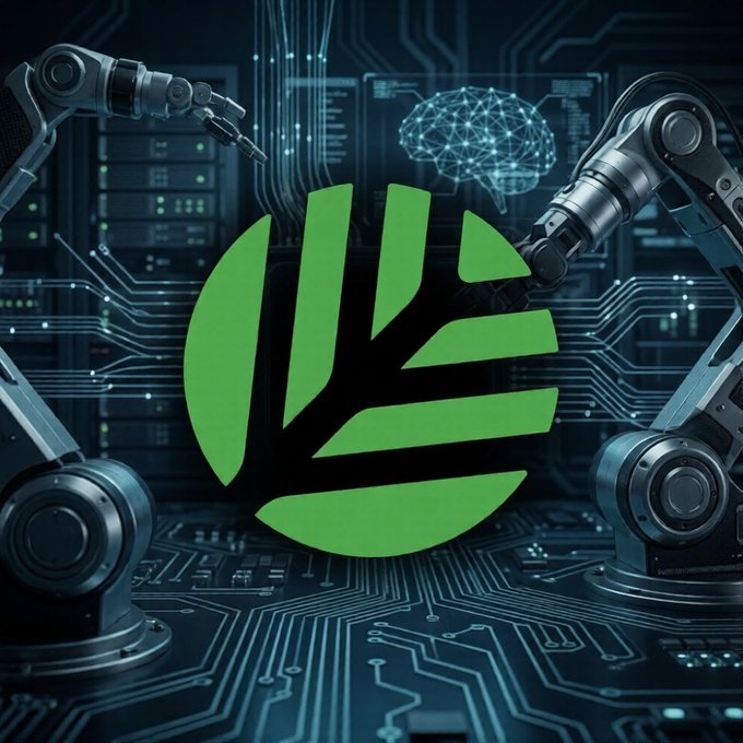 A green circular logo with stylized leaf-like stripes is displayed between two robotic arms against a dark background filled with circuit board patterns and a glowing neural network graphic of a brain.