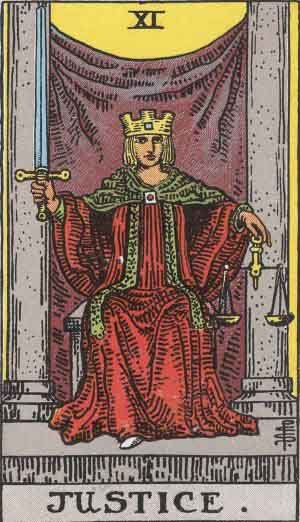 The 'Justice' tarot card (XI) featuring a crowned figure in red robes holding a sword upright in one hand and balanced scales in the other.