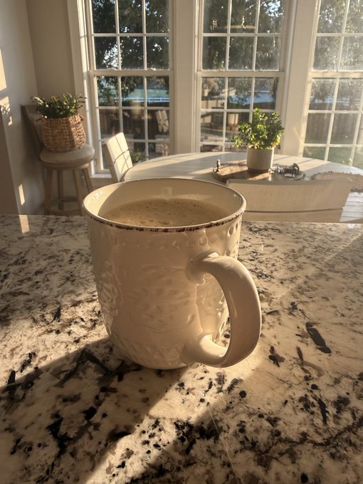 A white ceramic mug filled with a frothy latte sitting on a granite countertop, with a bright sunlit kitchen featuring large windows and potted plants visible in the background.