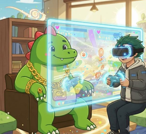 A person wearing a VR headset plays a game alongside an animated green dinosaur wearing a gold chain, interacting with a floating digital interface filled with hearts, items, and colorful elements. The image reflects the post's theme by illustrating the engaging, gamified experience of Sleepagotchi, where healthy sleep habits are seamlessly tracked and rewarded through an interactive virtual platform on Solana.
