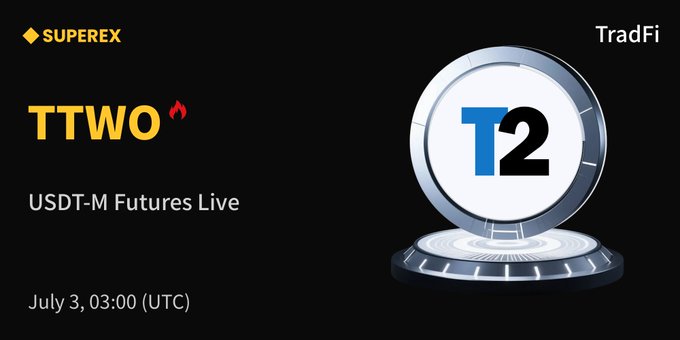 The image is a promotional graphic for SuperEx announcing the launch of TTWO (Take-Two Interactive) USDT-M Futures, scheduled for July 3 at 03:00 UTC. It features the Superex and TradFi logos alongside a stylized "T2" coin, visually emphasizing the new trading listing for Take-Two Interactive.
