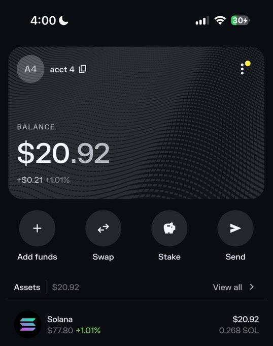 A crypto wallet screenshot showing a balance of $20.92 (0.268 SOL/$77.80) with a +1.01% gain, used as proof of a Solana holding to enter a $20 SOL giveaway requiring participants to like, retweet, and follow the host.