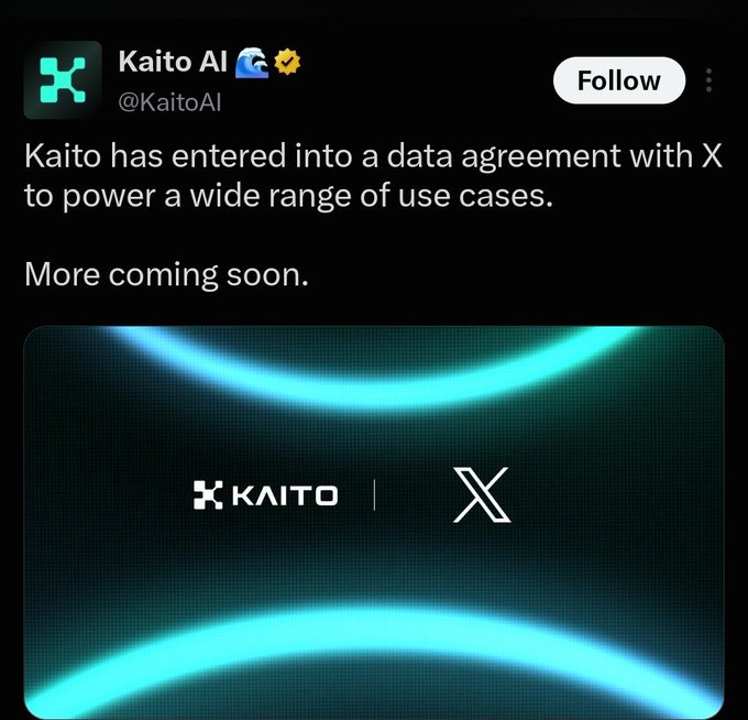 A tweet from Kaito AI (@KaitoAI) announces a new data agreement with X to power various use cases, with "More coming soon" teased alongside a graphic showing the Kaito and X logos. This partnership announcement ties into the accompanying post's excitement about potential new features like Yapping on X, fueling speculation among Web3 and crypto communities about Kaito's expanded capabilities.