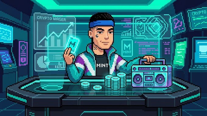 A pixel art illustration titled 'CRYPTO WAGER' featuring a character wearing a 'MINT' jacket and headband, holding a smartphone with the 'M' logo, standing behind a counter with stacks of 'Mint' coins and a boombox, set against a futuristic backdrop with screens displaying crypto charts and NFT imagery.