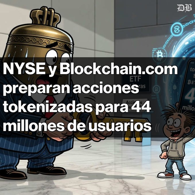 A cartoon depicts a crowned coin character in a pinstripe suit holding a giant gold key toward a smiling person, with a NYSE trading screen in the background; overlaid text reads 'NYSE y Blockchain.com preparan acciones tokenizadas para 44 millones de usuarios'.