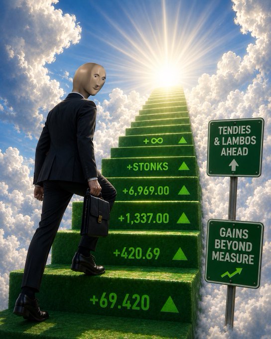 A digital artwork featuring a figure in a business suit with a stylized mask walking up a staircase made of money in the clouds, with the steps displaying meme-related values like '+69.420', '+420.69', '+1,337.00', '+6,969.00', '+STONKS', and '+∞', alongside signs reading 'TENDIES & LAMBOS AHEAD' and 'GAINS BEYOND MEASURE'.