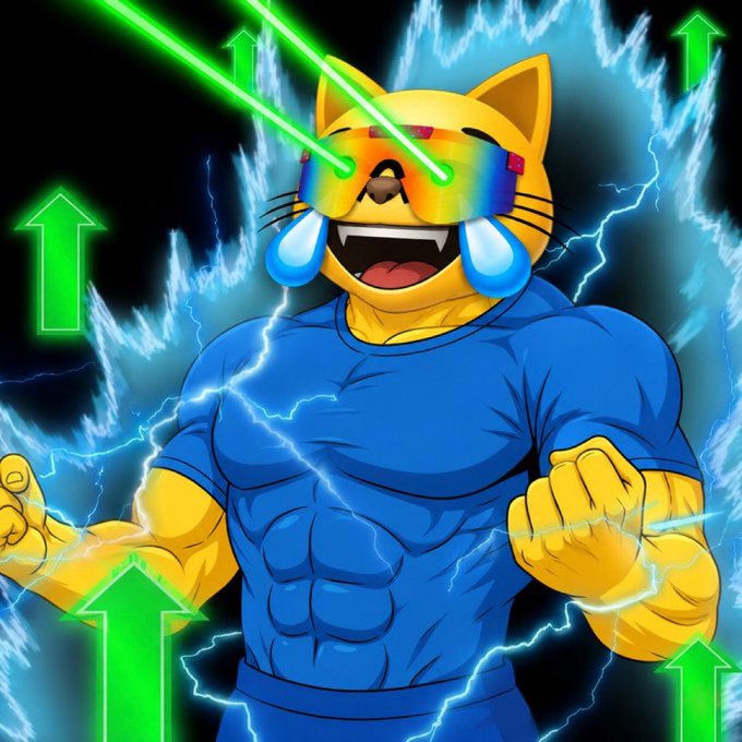 An anime-style illustration of a muscular anthropomorphic cat with laser eyes, wearing rainbow sunglasses and a blue shirt, surrounded by blue lightning and green upward arrows.