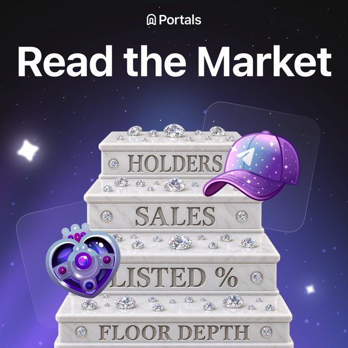 The image, branded "Portals," features a tiered, diamond-encrusted pedestal labeled with key NFT market metrics—"HOLDERS," "SALES," "LISTED %," and "FLOOR DEPTH"—topped with a purple cap and accompanied by a gem-encrusted heart. It visually reinforces the post's message that evaluating an NFT collection requires looking beyond the floor price to consider holder distribution, sales activity, listed supply percentage, and floor depth to understand true market liquidity.