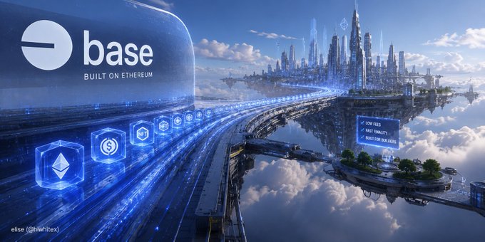 A futuristic digital cityscape floats above clouds, featuring the "Base - Built on Ethereum" logo prominently displayed alongside holographic icons including an Ethereum symbol and USDC, with a checkmark list highlighting "Low fees," "Fast finality," and "Fast with builders" — visually reinforcing the post's point about Base quietly streamlining the numerous small friction points (wallet compatibility, token infrastructure, account management) that complicate building on Ethereum.